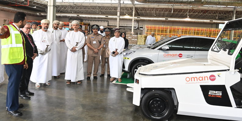 The inauguration of electric vehicles and charging stations at the Air Cargo Building in Muscat Airport.